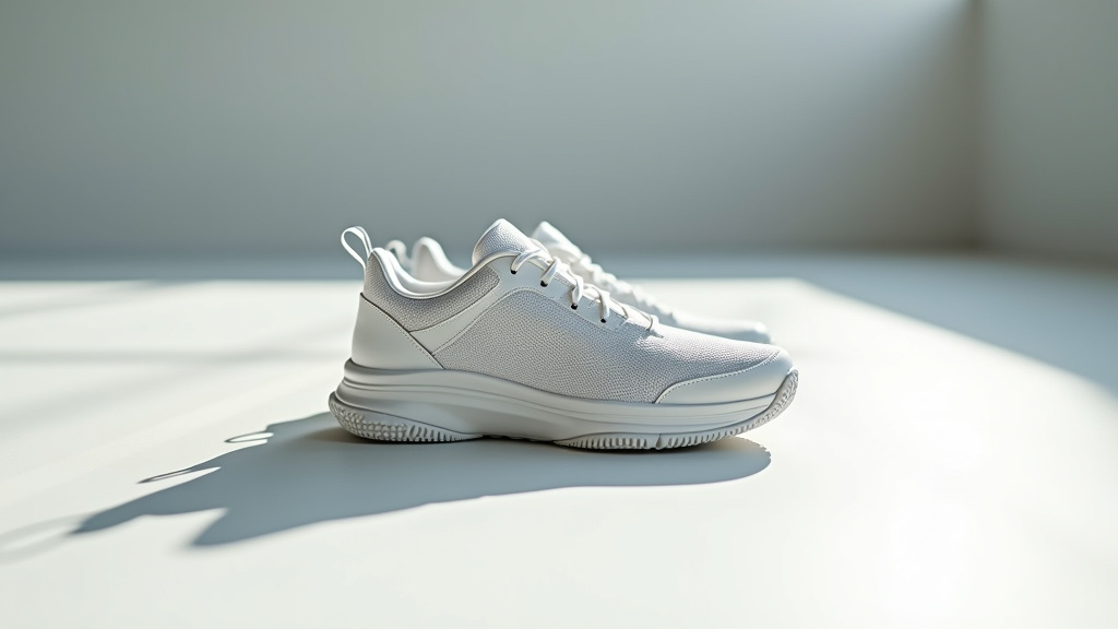 Chaussures de padel alignées sur une étagère de magasin sportif avec des accessoires de nettoyage