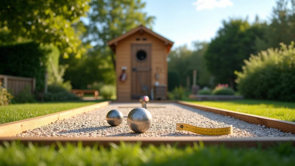 Marquage au sol pour délimiter l'emplacement d'un terrain de pétanque dans un jardin