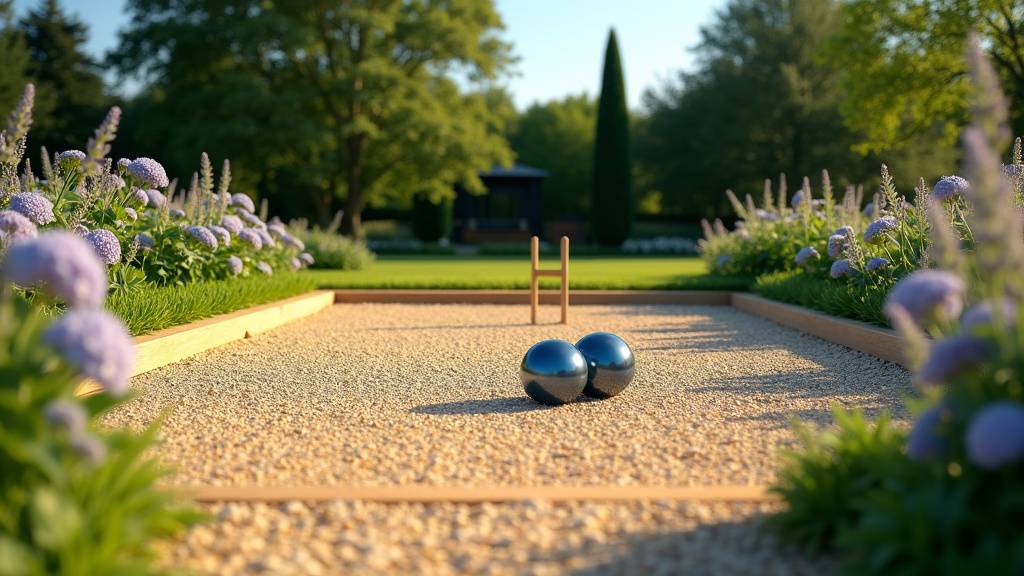 Famille jouant à la pétanque sur un terrain aménagé dans le jardin