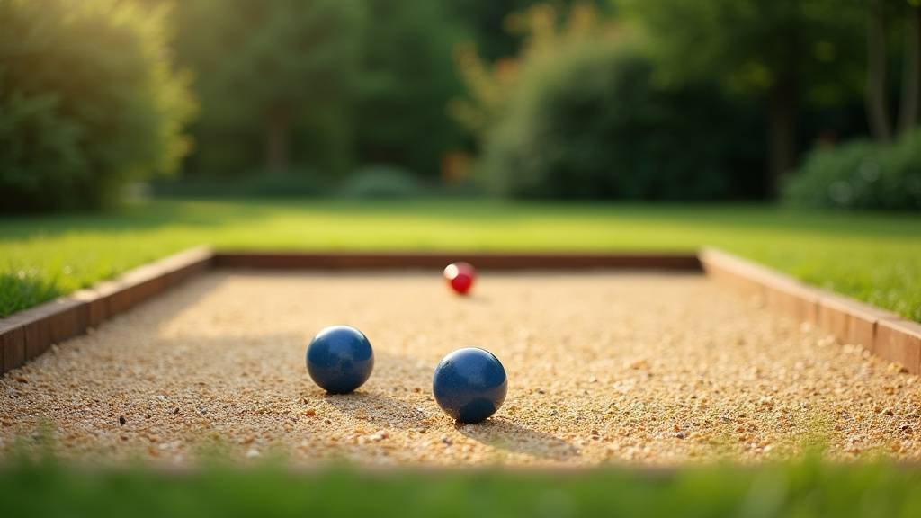 Terrain de pétanque aménagé dans un jardin avec joueurs en train de jouer