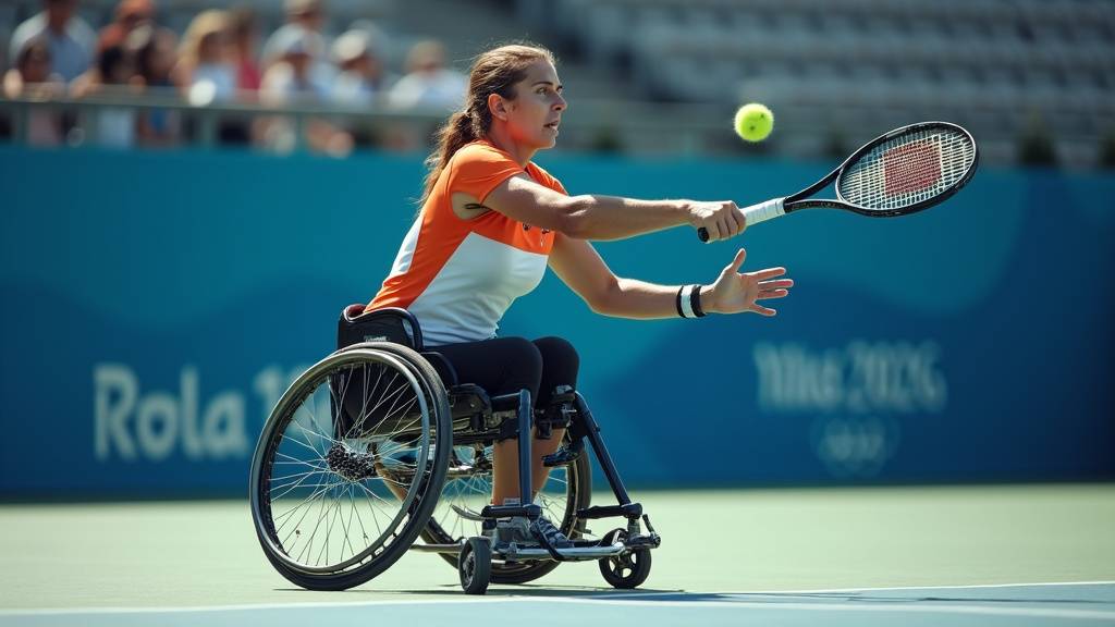 Athlète de tennis fauteuil en compétition, illustrant la vitesse et l'intensité du jeu