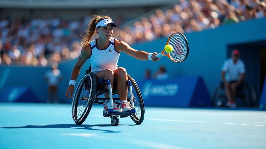 Gros plan sur un fauteuil de tennis adapté, montrant les roues inclinées et le design léger