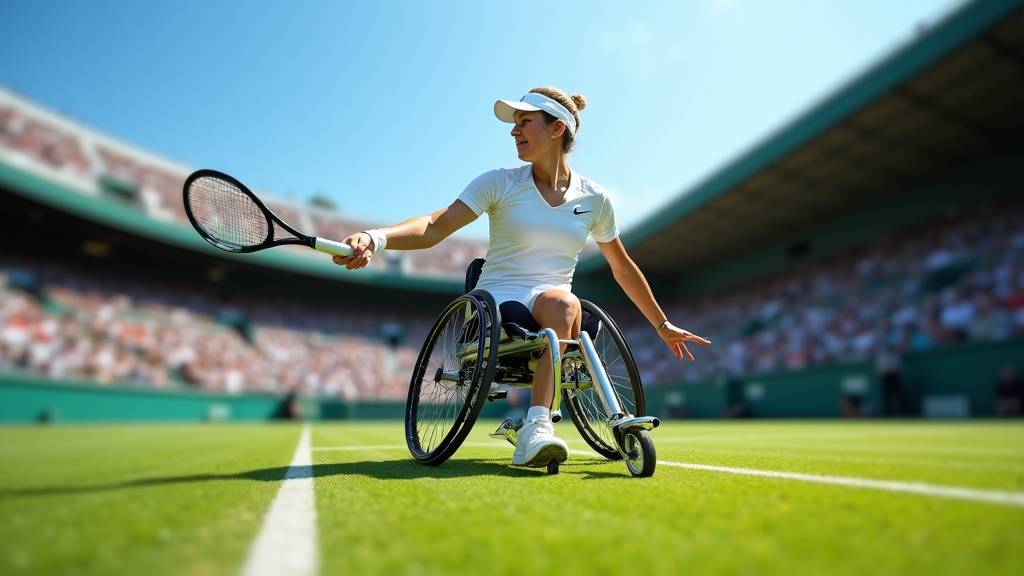 Détail technique d'un joueur de tennis fauteuil en pleine action sur le court