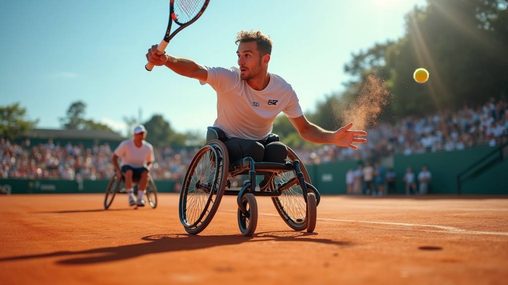 Athlète de tennis fauteuil en action sur le court lors des Jeux Paralympiques